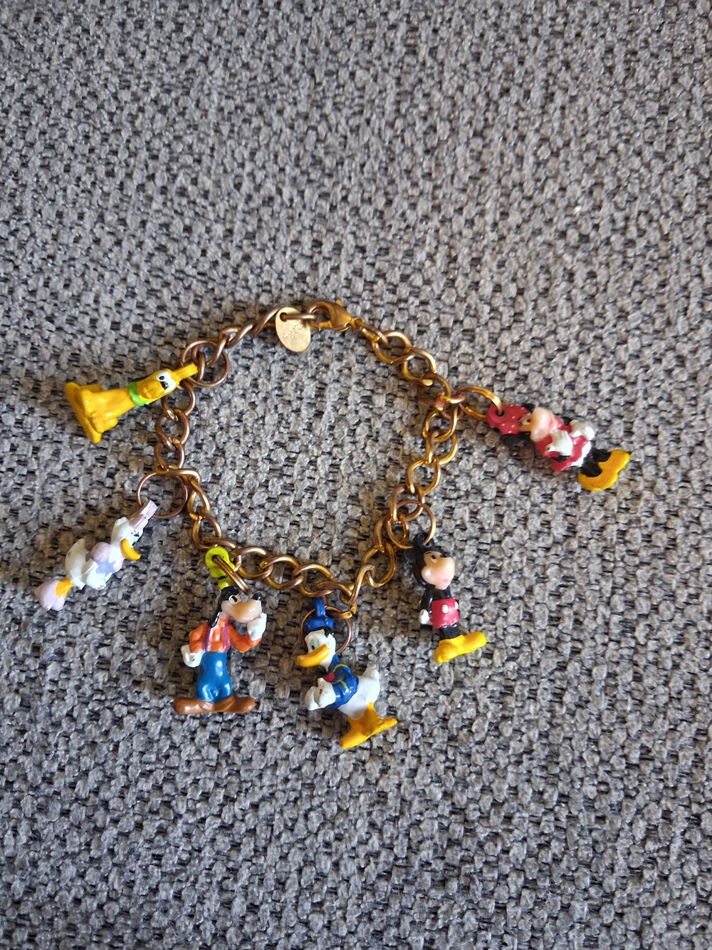 Vintage Disney Gold-Tone Charm Bracelet with Yellow, Red and Blue Cartoon Charms